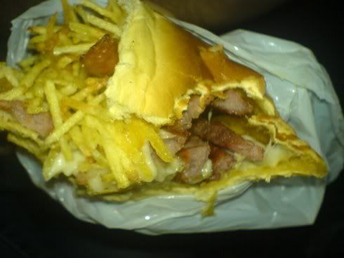 sausage and bacon,stick fries and mozzarella cheese