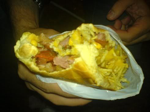 hot dog and bacon,sausage,sausage,stick fries cheese and corn