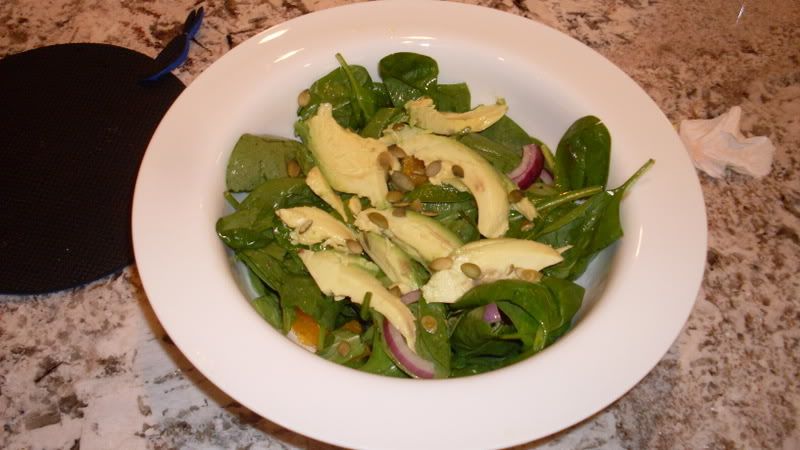 Spinach Salad with Avocado, Red Onion, Orange Segments and Grapefruit Viniagrette