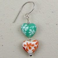 Sterling Silver, Peach Flower, Mint Flower Heart Earrings