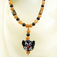 Peach Aventurine, Jet, Wood and Black Cat Bead Necklace