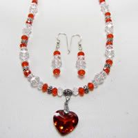 Red and Clear with Dark Red Heart Necklace w/ Earrings