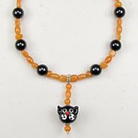 Peach Aventurine, Rainbow Obsidian and Black Cat Bead Necklace