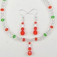 Red, Green Clear Faceted Glass Beads Swarovski Santa Necklace & Matching Earrings