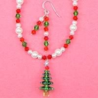 Red, Fern, Pearl Necklace with Tree and Earrings.
