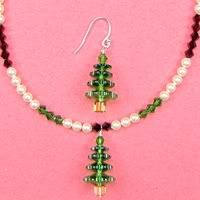 Beautiful Dark Red, Fern Green Cream Glass Pearl Necklace and Earrings with Christmas Tree Pendant.