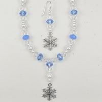 White Glass Pearls, Faceted Clear and 2 Shades of Blue Snowflake Necklace and Earrings.