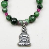 Ruby Zoisite Beads, Fuchsia Crystals with Buddha Pendant Necklace