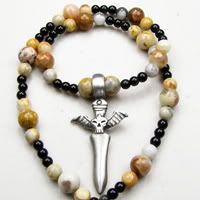 Crazy Lace Agate, Rainbow Obsidian and Skull/Sword Pendant Necklace