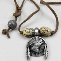 Wolf and Feathers Pewter pendant on a Brown Leather Cord.