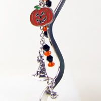 Silver Bookmark with Ghost, Jack-o-lantern, Witches Hat with Orange and Black faceted crystals