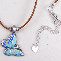 Blue and Mint Green Butterfly Pendant on a Brown Leather Cord Necklace