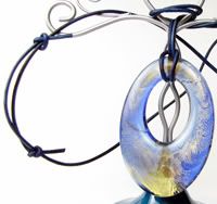 Large Blue Back, Gold Foil Front Oval Necklace Large Blue Back, Gold Foil Front Oval Necklace