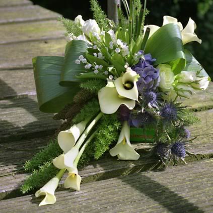 meiklokjes photo: Calla, Hortensia,rozen,meiklokjes,blauwe distel,asparagus,aspedistrarietstengels bruidsboeketcalla.jpg